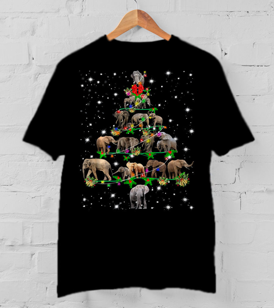 Funny Elephants Christmas Tree Ornament Holiday Decor With Festive Snowflakes And Lights T-Shirt