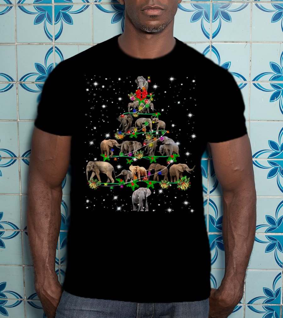 Funny Elephants Christmas Tree Ornament Holiday Decor With Festive Snowflakes And Lights T-Shirt