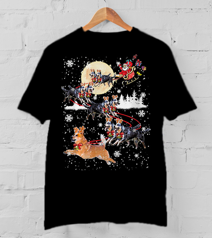 Heeler Reindeer Santa Sleigh Christmas Moon Dog T-Shirt