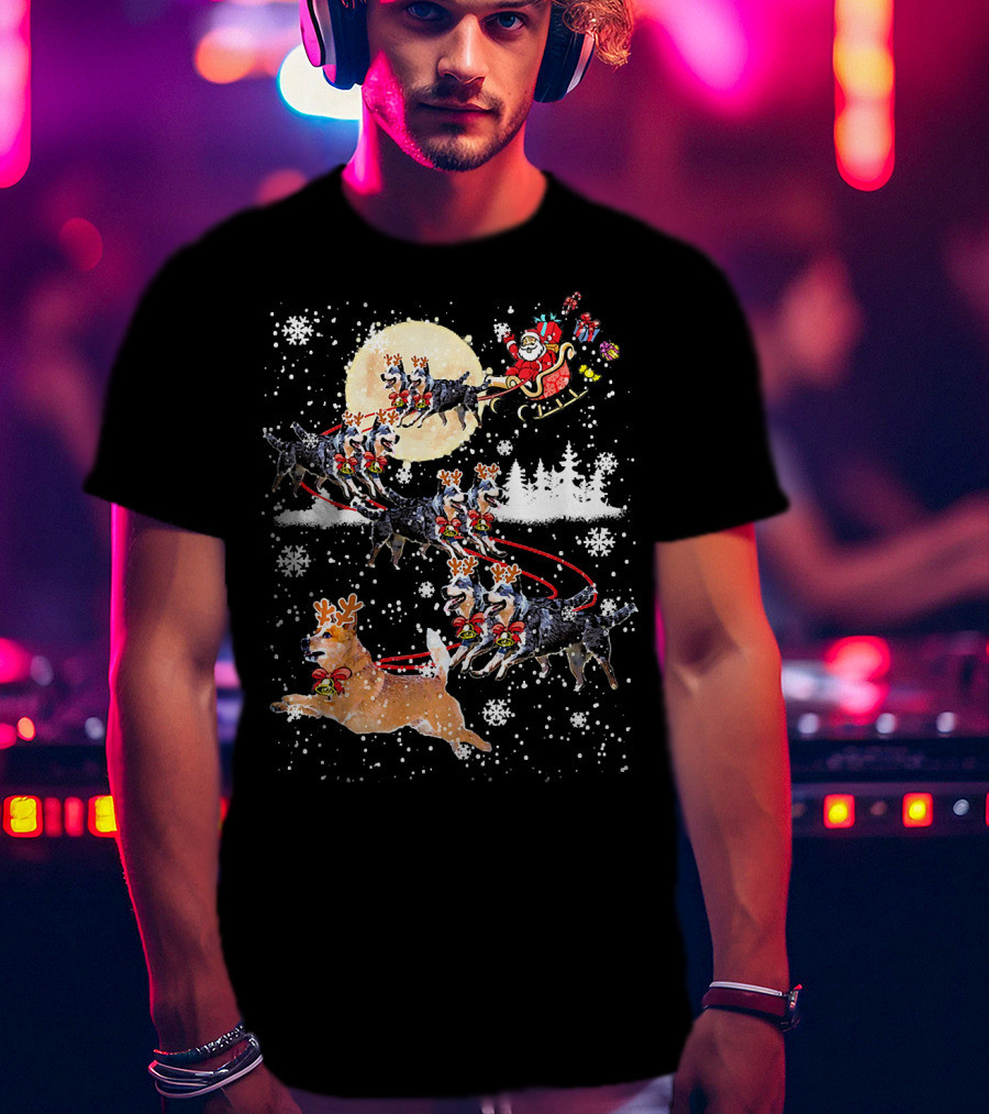 Heeler Reindeer Santa Sleigh Christmas Moon Dog T-Shirt