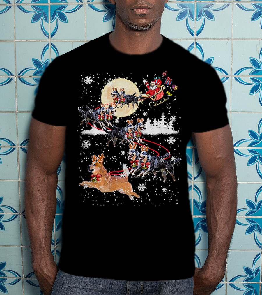 Heeler Reindeer Santa Sleigh Christmas Moon Dog T-Shirt