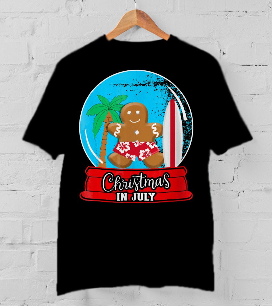 Christmas In July Surfing Gingerbread Snow Globe T-Shirt