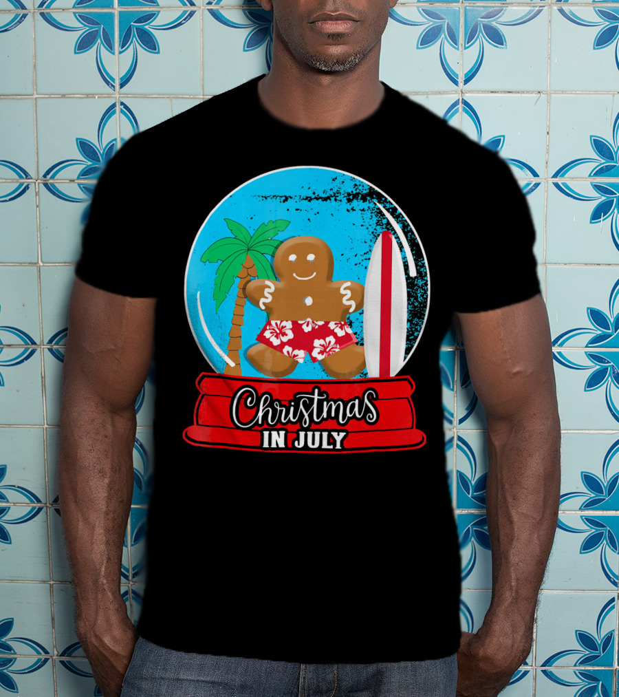 Christmas In July Surfing Gingerbread Snow Globe T-Shirt