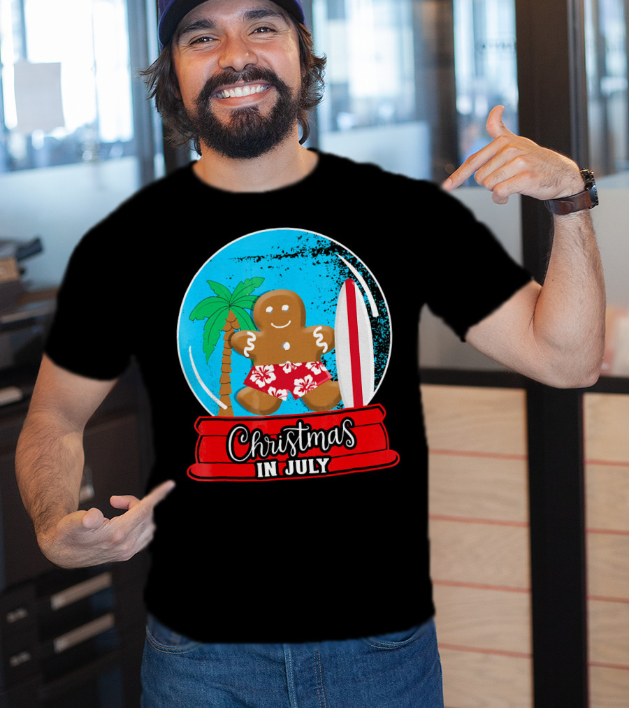 Christmas In July Surfing Gingerbread Snow Globe T-Shirt