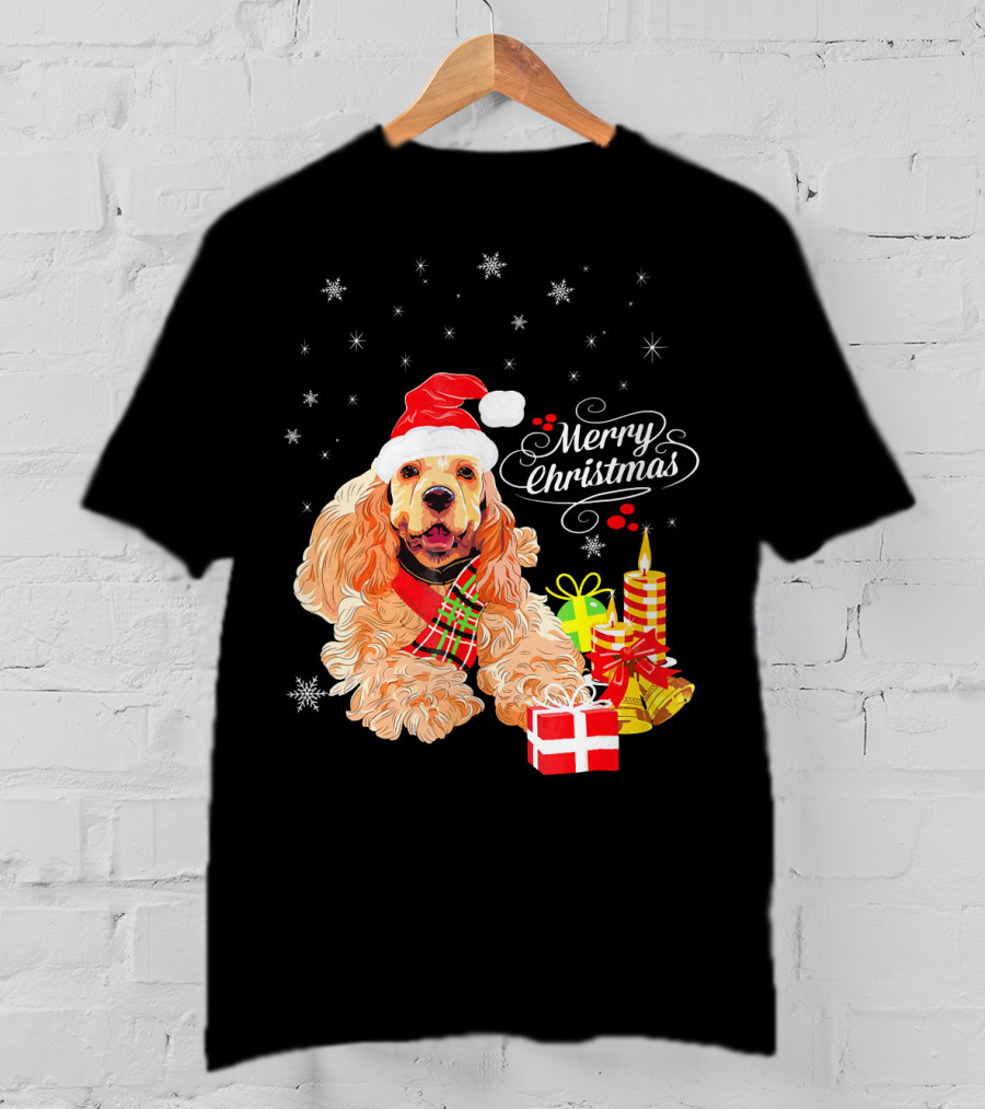 Cocker Spaniel Merry Christmas Santa Hat Candles Gifts Snowflakes T-Shirt