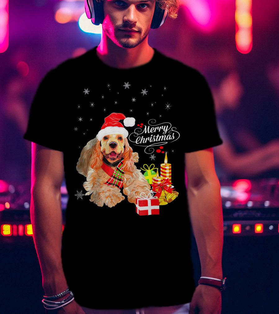 Cocker Spaniel Merry Christmas Santa Hat Candles Gifts Snowflakes T-Shirt
