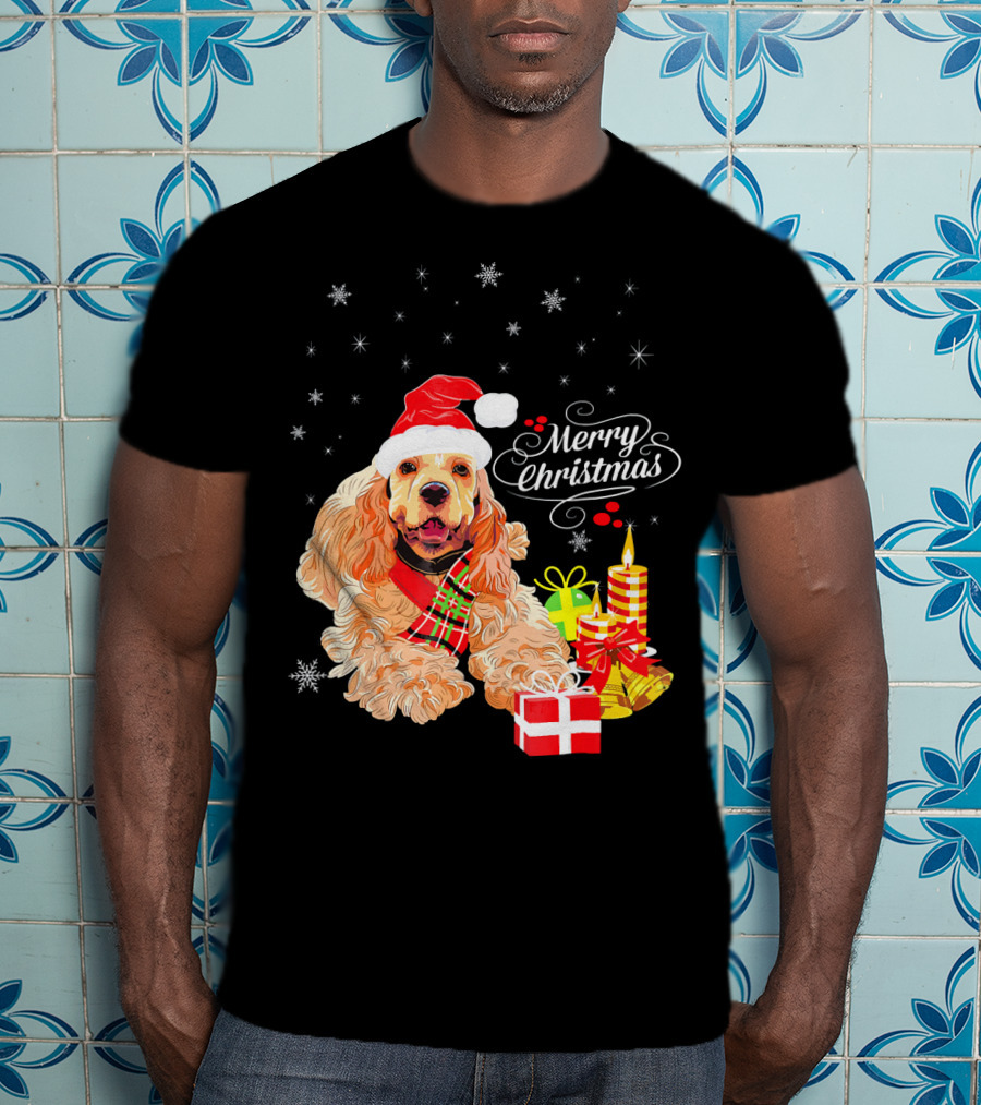 Cocker Spaniel Merry Christmas Santa Hat Candles Gifts Snowflakes T-Shirt