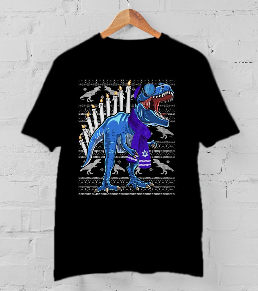Menorasaurus Rex Dinosaur Wearing Blue Scarf And Sunglasses With Candles And Dinosaur T-Shirt
