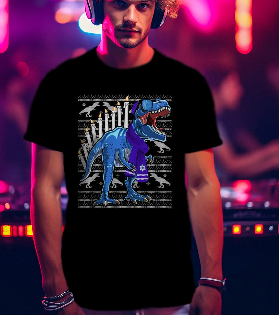 Menorasaurus Rex Dinosaur Wearing Blue Scarf And Sunglasses With Candles And Dinosaur T-Shirt