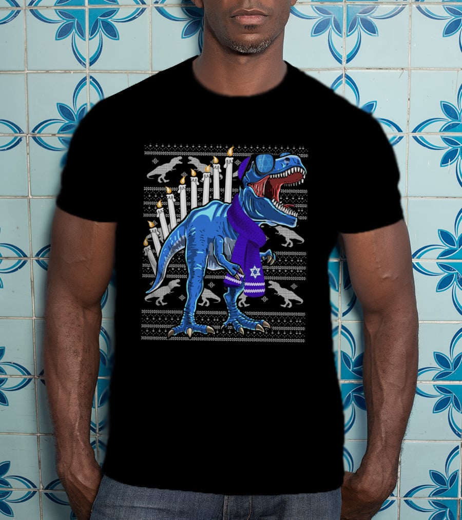 Menorasaurus Rex Dinosaur Wearing Blue Scarf And Sunglasses With Candles And Dinosaur T-Shirt