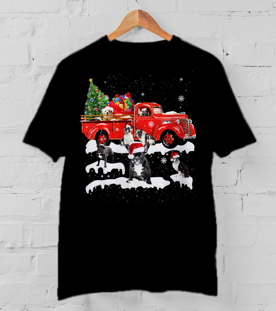 French Bulldog Christmas Red Truck With Santa Hats And Gifts T-Shirt