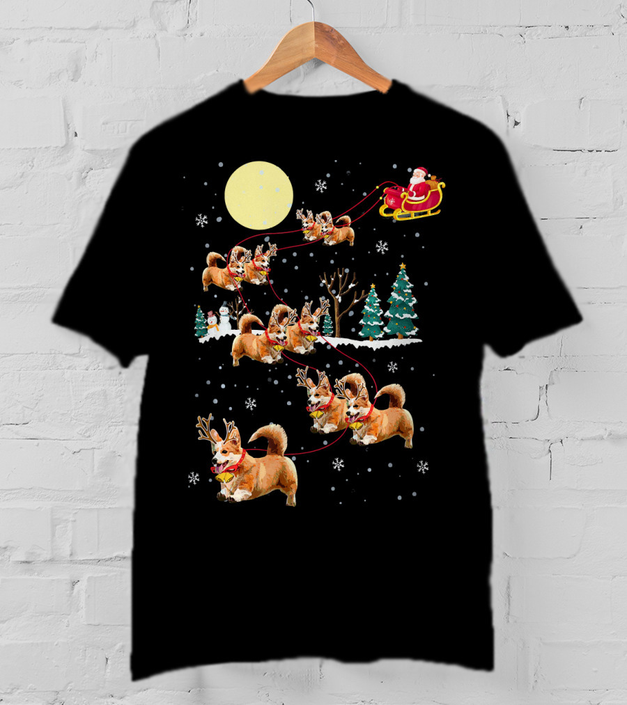 Christmas Corgi Santa Sleigh Cute Holiday Pajamas T-Shirt