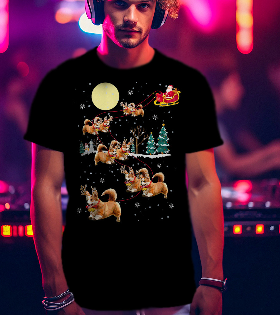 Christmas Corgi Santa Sleigh Cute Holiday Pajamas T-Shirt
