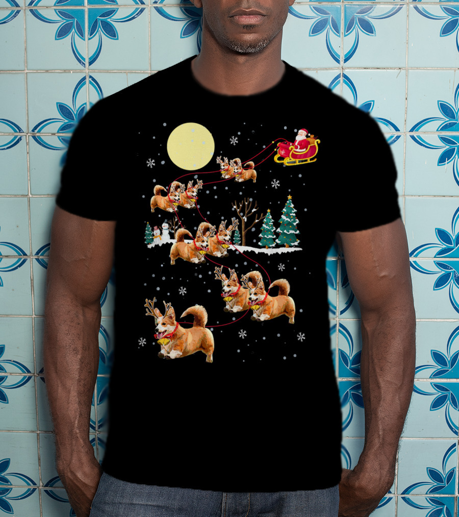 Christmas Corgi Santa Sleigh Cute Holiday Pajamas T-Shirt