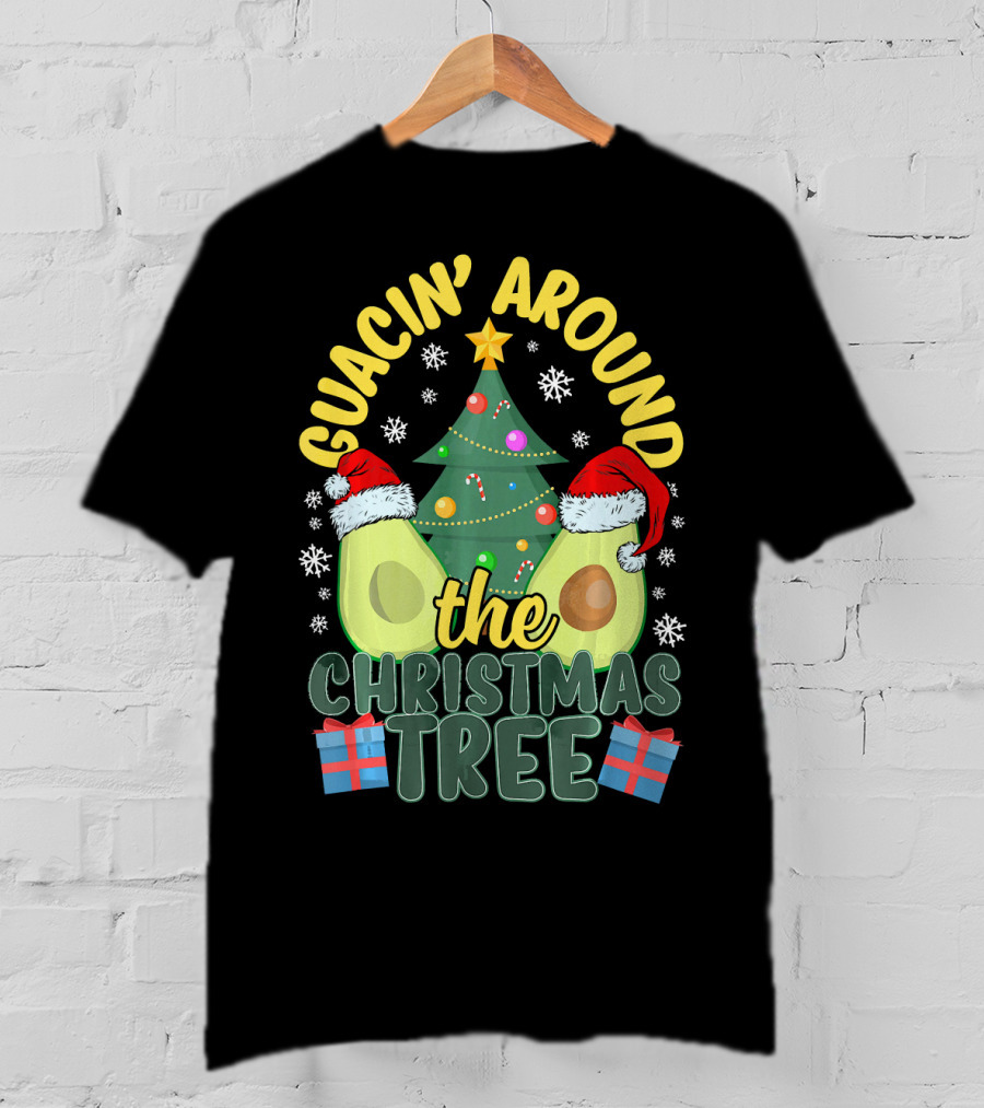 Guacin' Around The Christmas Tree Snowflakes Presents Santa Hats T-Shirt