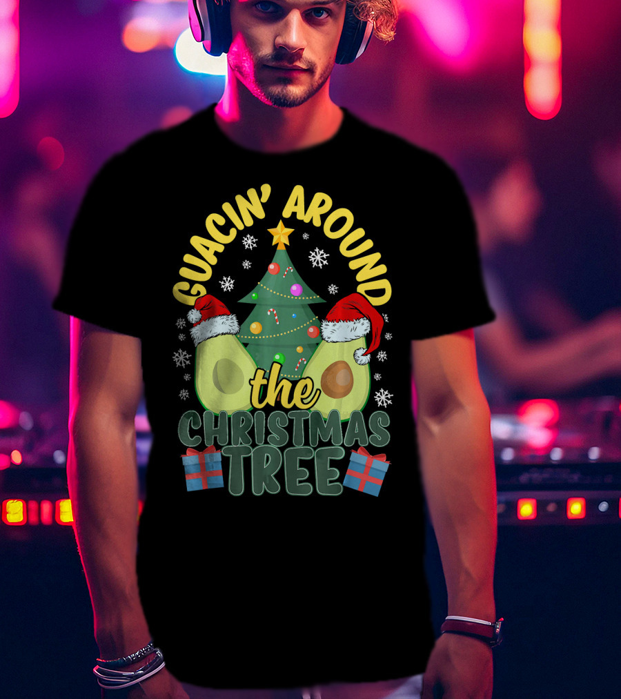 Guacin' Around The Christmas Tree Snowflakes Presents Santa Hats T-Shirt
