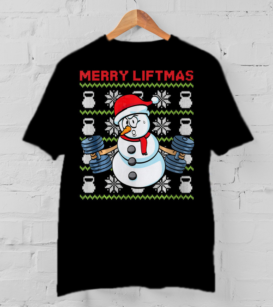 Merry Liftmas Fitness Snowman Xmas Weightlifting Kettlebells T-Shirt