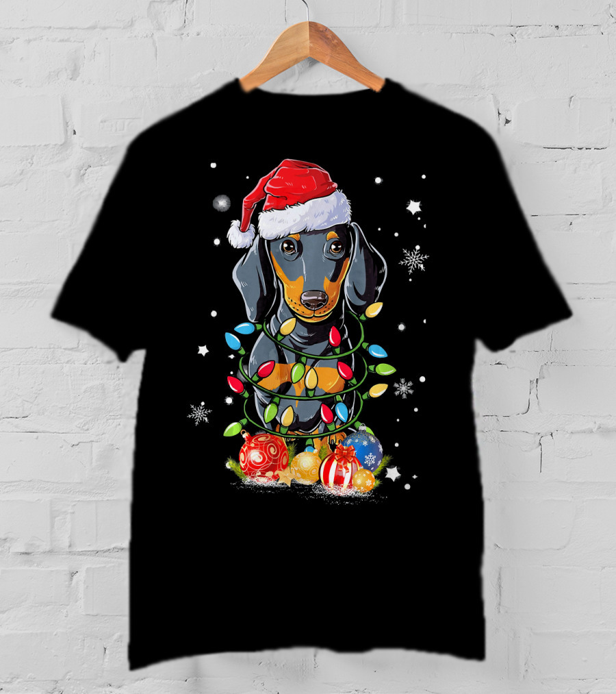 Dachshund Wrapped In Christmas Lights With Santa Hat And Ornaments T-Shirt