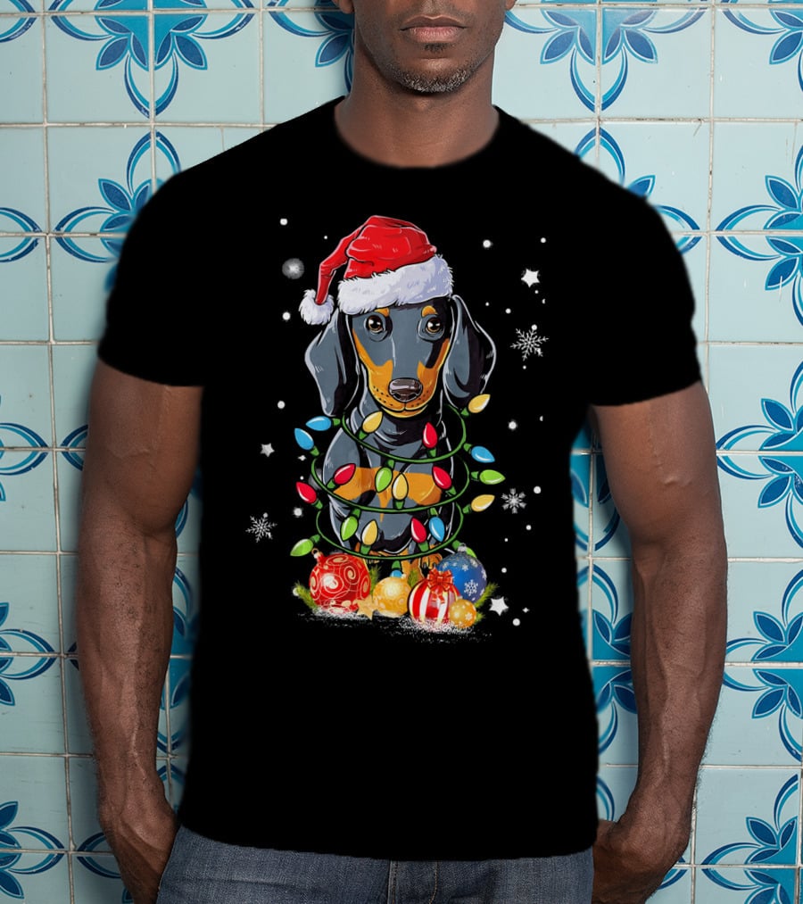 Dachshund Wrapped In Christmas Lights With Santa Hat And Ornaments T-Shirt