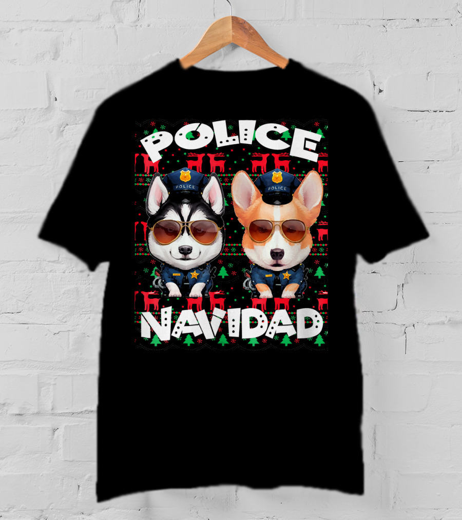 Police Navidad Ugly Christmas Dog Cops With Sunglasses T-Shirt