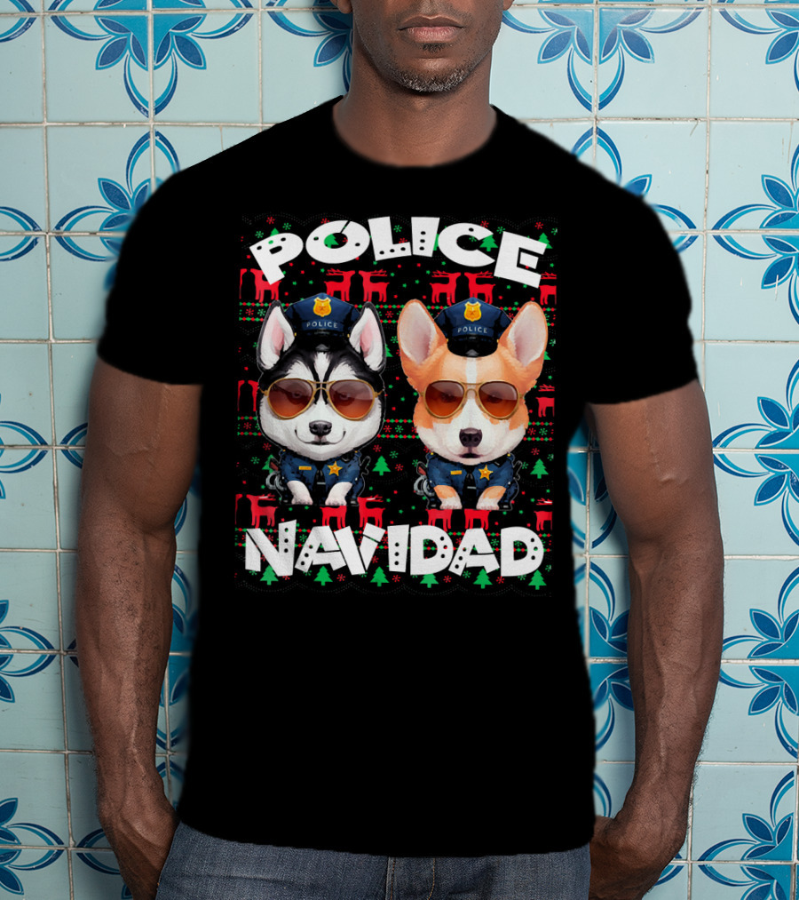 Police Navidad Ugly Christmas Dog Cops With Sunglasses T-Shirt