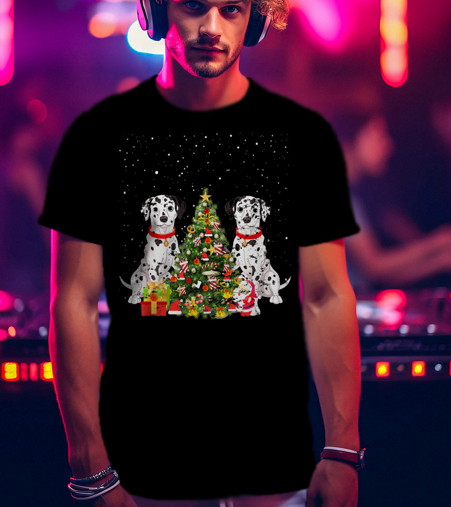 Dalmatian Christmas Tree Dalmatian Holiday Costume With Gifts And Santa T-Shirt