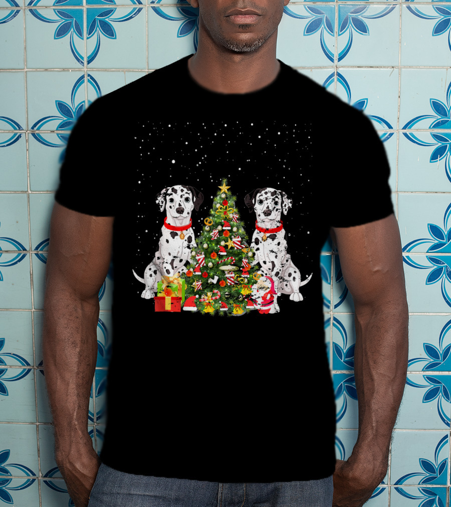 Dalmatian Christmas Tree Dalmatian Holiday Costume With Gifts And Santa T-Shirt