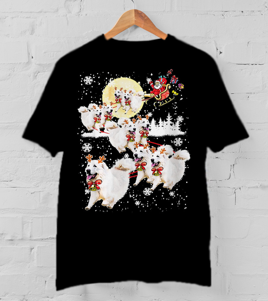 Great Pyrenees Reindeer Santa Christmas With Sleigh And Snowflakes T-Shirt