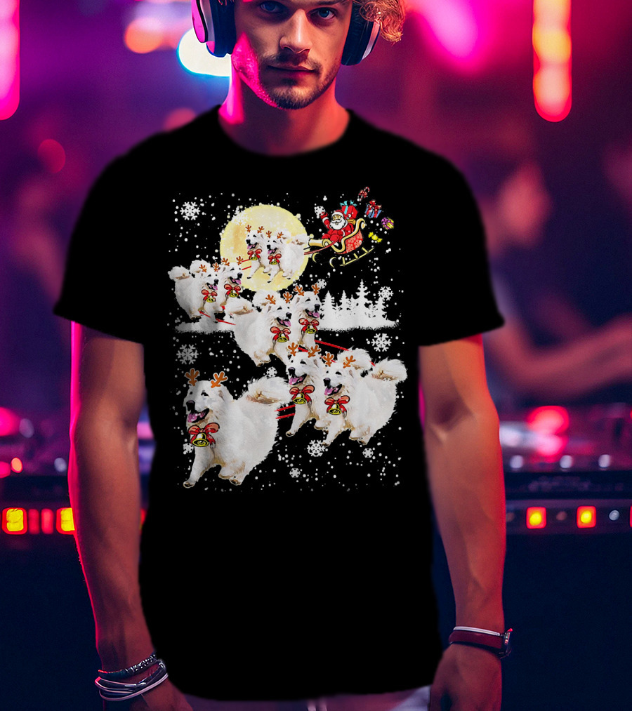 Great Pyrenees Reindeer Santa Christmas With Sleigh And Snowflakes T-Shirt