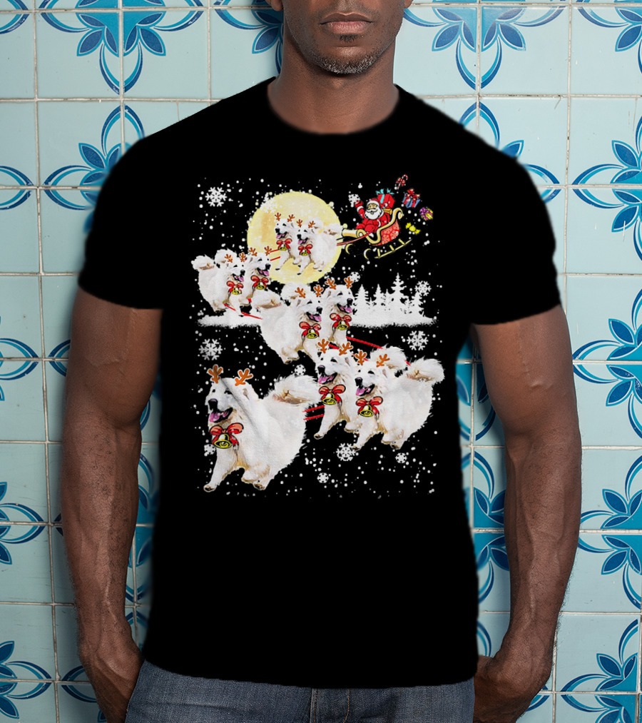 Great Pyrenees Reindeer Santa Christmas With Sleigh And Snowflakes T-Shirt