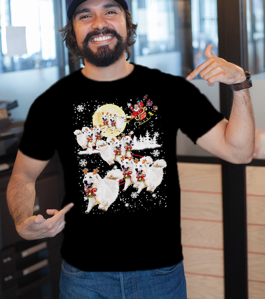 Great Pyrenees Reindeer Santa Christmas With Sleigh And Snowflakes T-Shirt