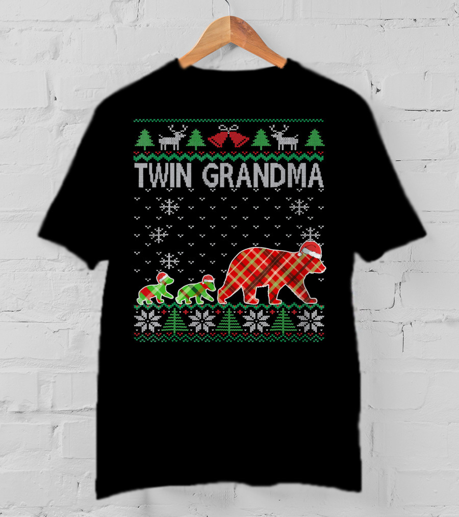 Twin Grandma Matching Ugly Christmas Plaid Bear Family Snowflakes Trees T-Shirt