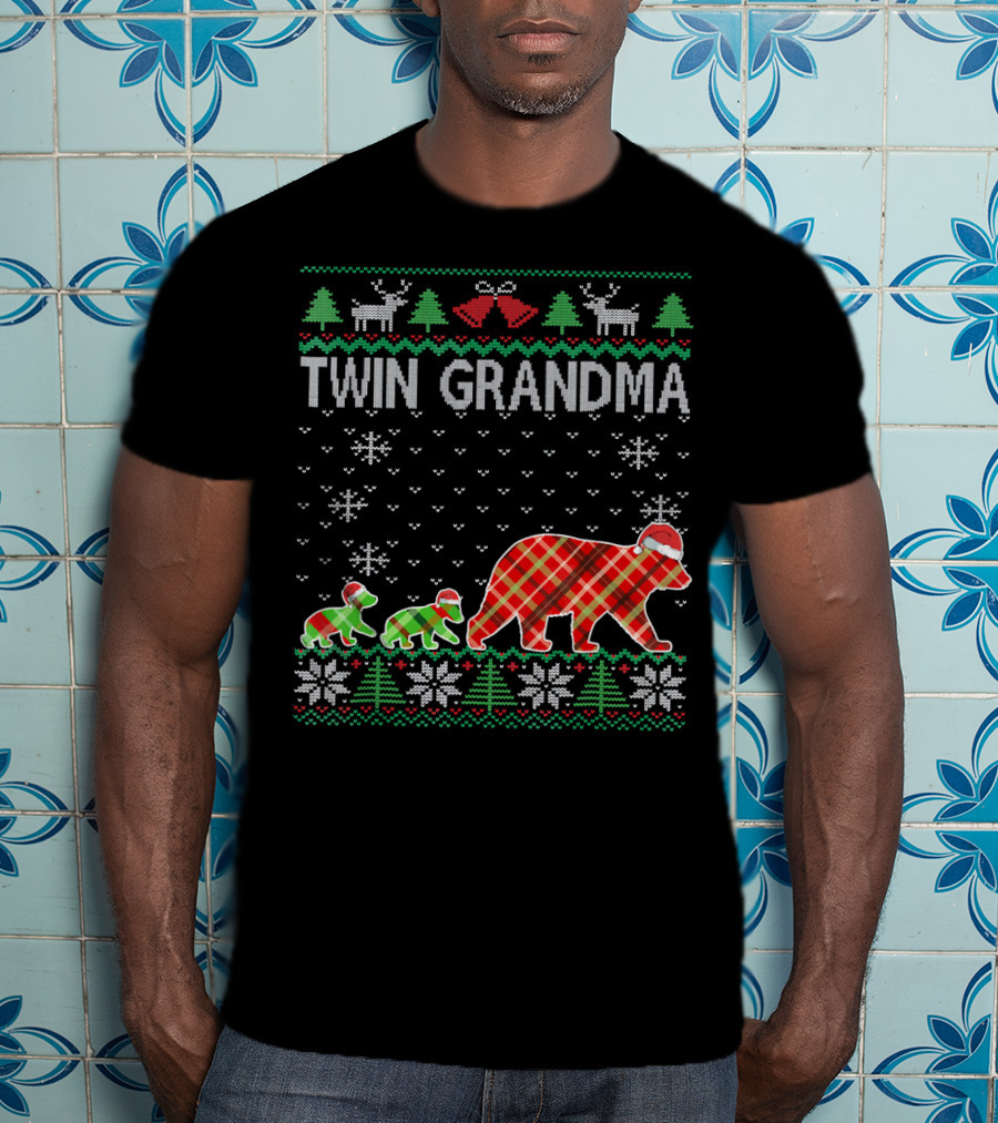 Twin Grandma Matching Ugly Christmas Plaid Bear Family Snowflakes Trees T-Shirt