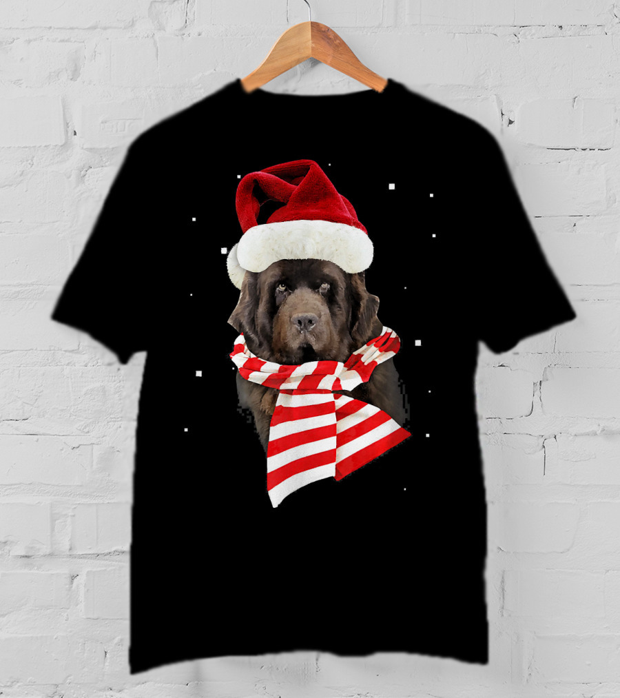 Newfoundland Santa Merry Christmas Dog With Red Hat And Scarf T-Shirt