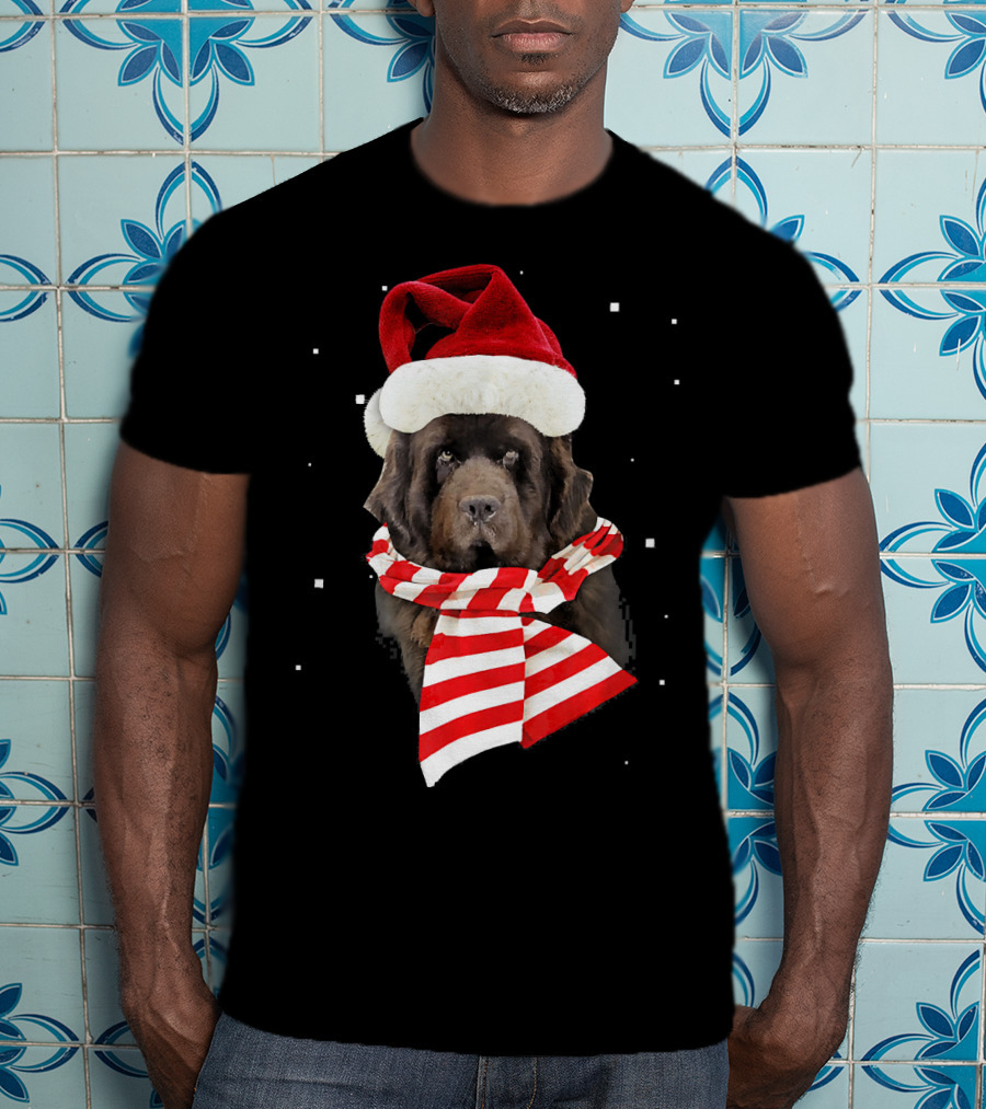 Newfoundland Santa Merry Christmas Dog With Red Hat And Scarf T-Shirt
