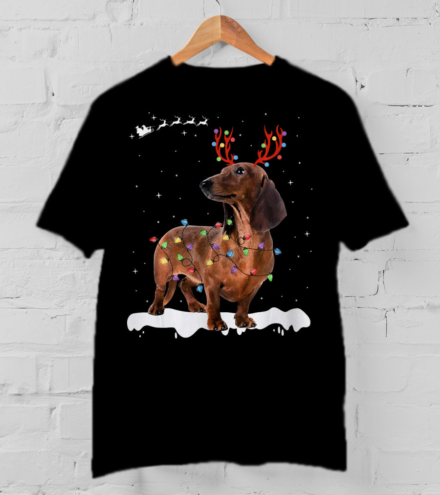 Reindeer Dachshund With Holiday Lights And Santa Sleigh T-Shirt