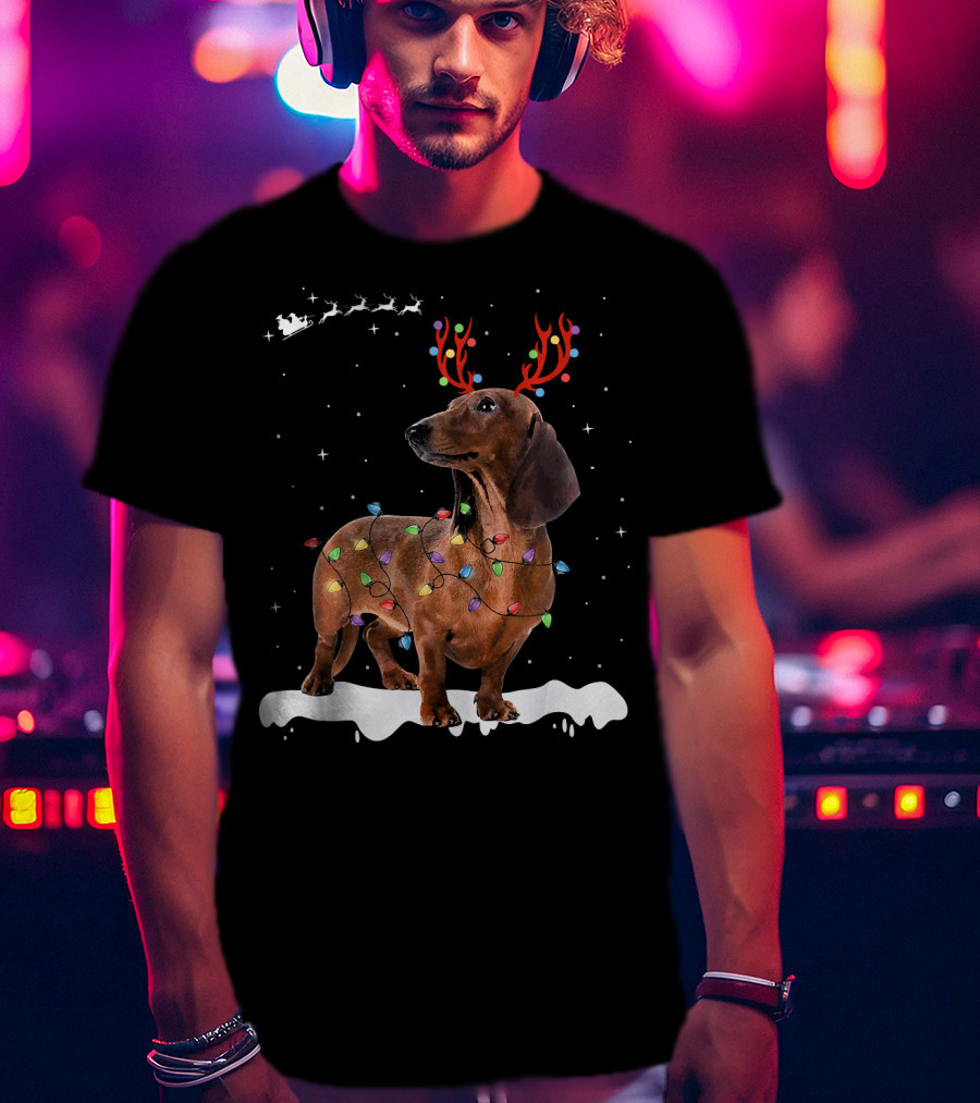 Reindeer Dachshund With Holiday Lights And Santa Sleigh T-Shirt