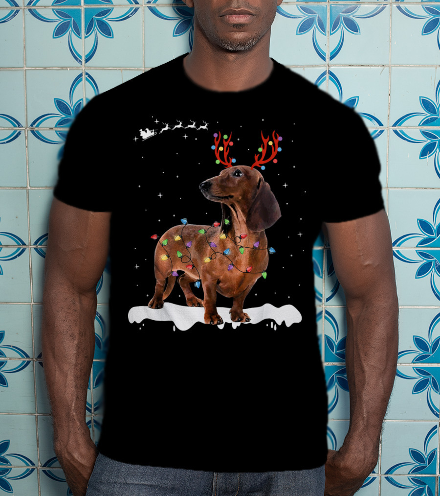 Reindeer Dachshund With Holiday Lights And Santa Sleigh T-Shirt