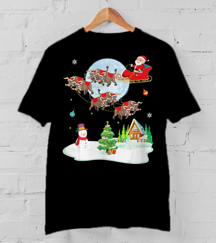 Santa Claus Buffalo Sleigh Snowman Christmas Scene T-Shirt