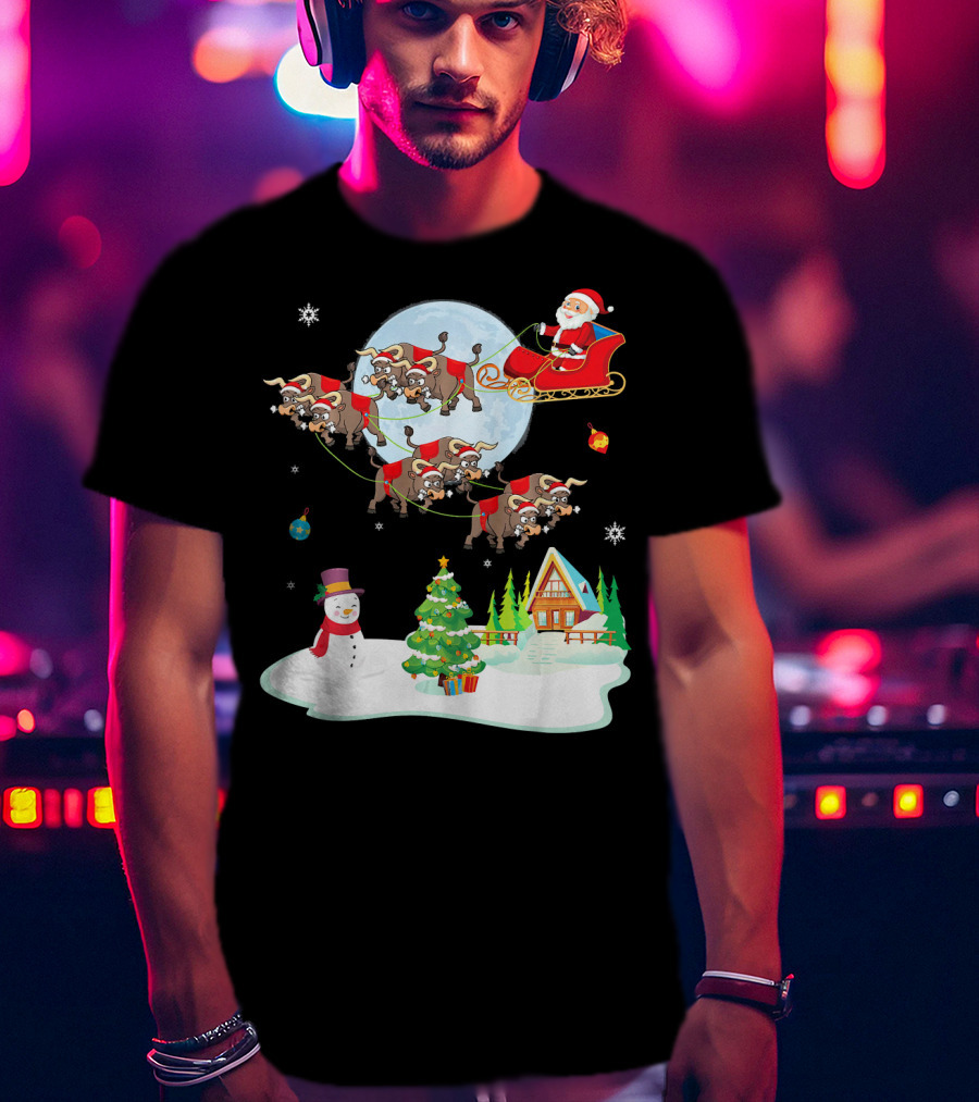 Santa Claus Buffalo Sleigh Snowman Christmas Scene T-Shirt