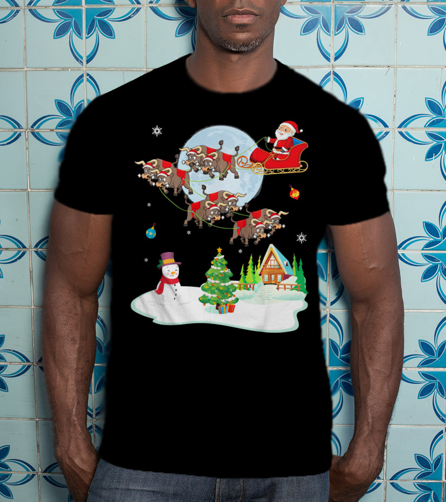Santa Claus Buffalo Sleigh Snowman Christmas Scene T-Shirt