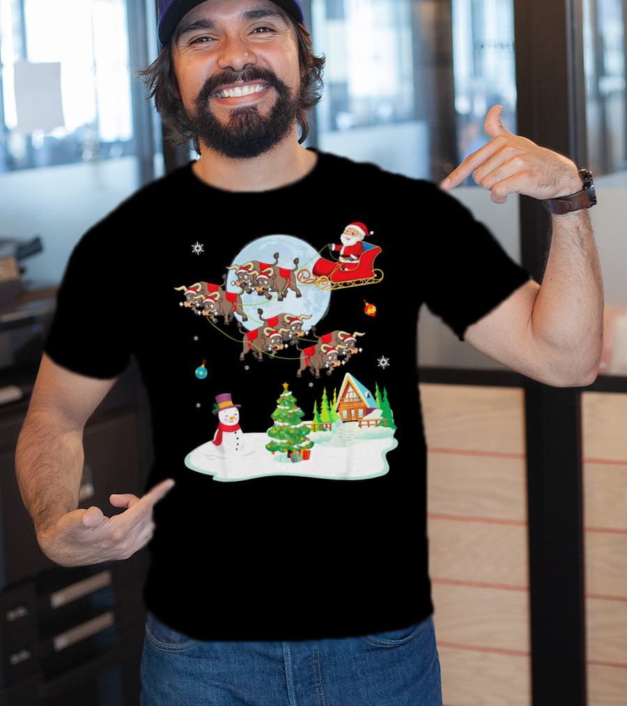 Santa Claus Buffalo Sleigh Snowman Christmas Scene T-Shirt