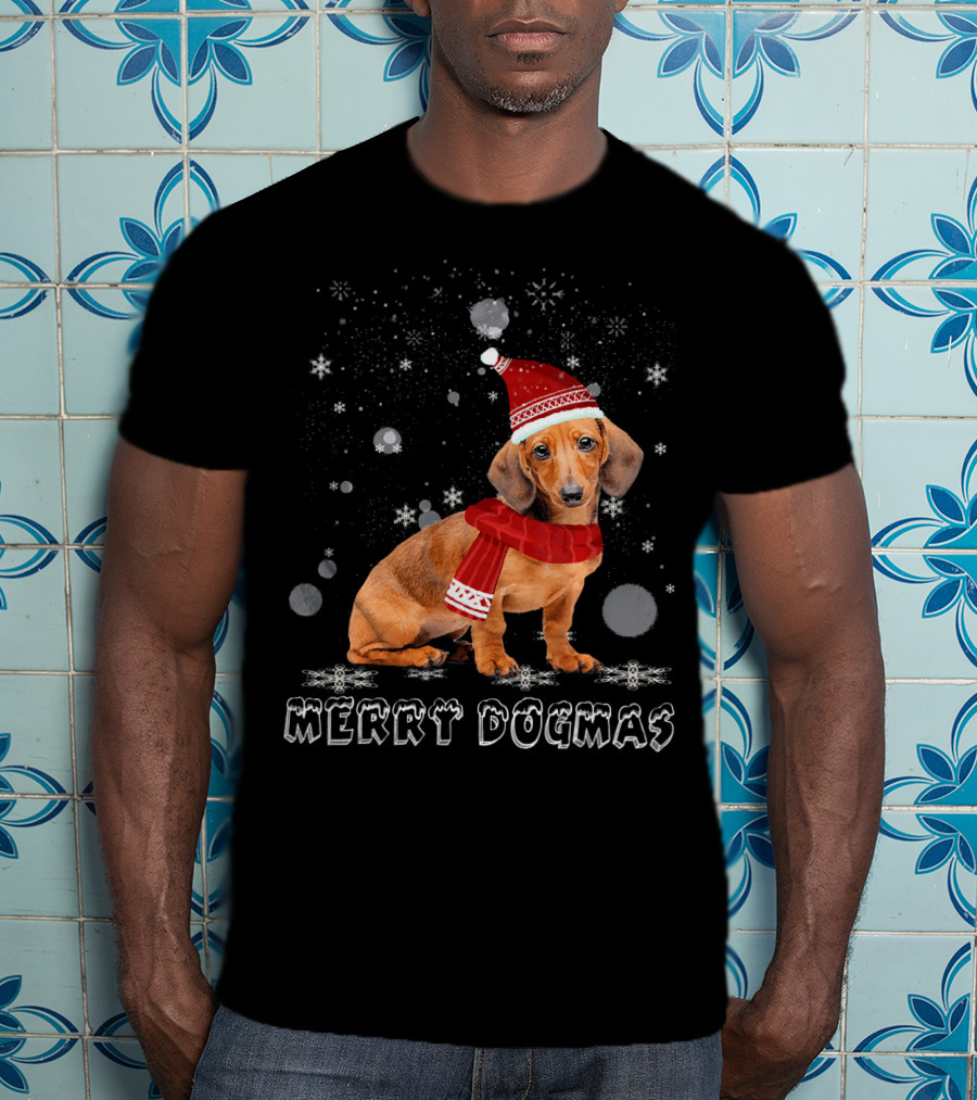 Merry Dogmas Dachshund Dog In Snow With Santa Hat And Scarf T-Shirt