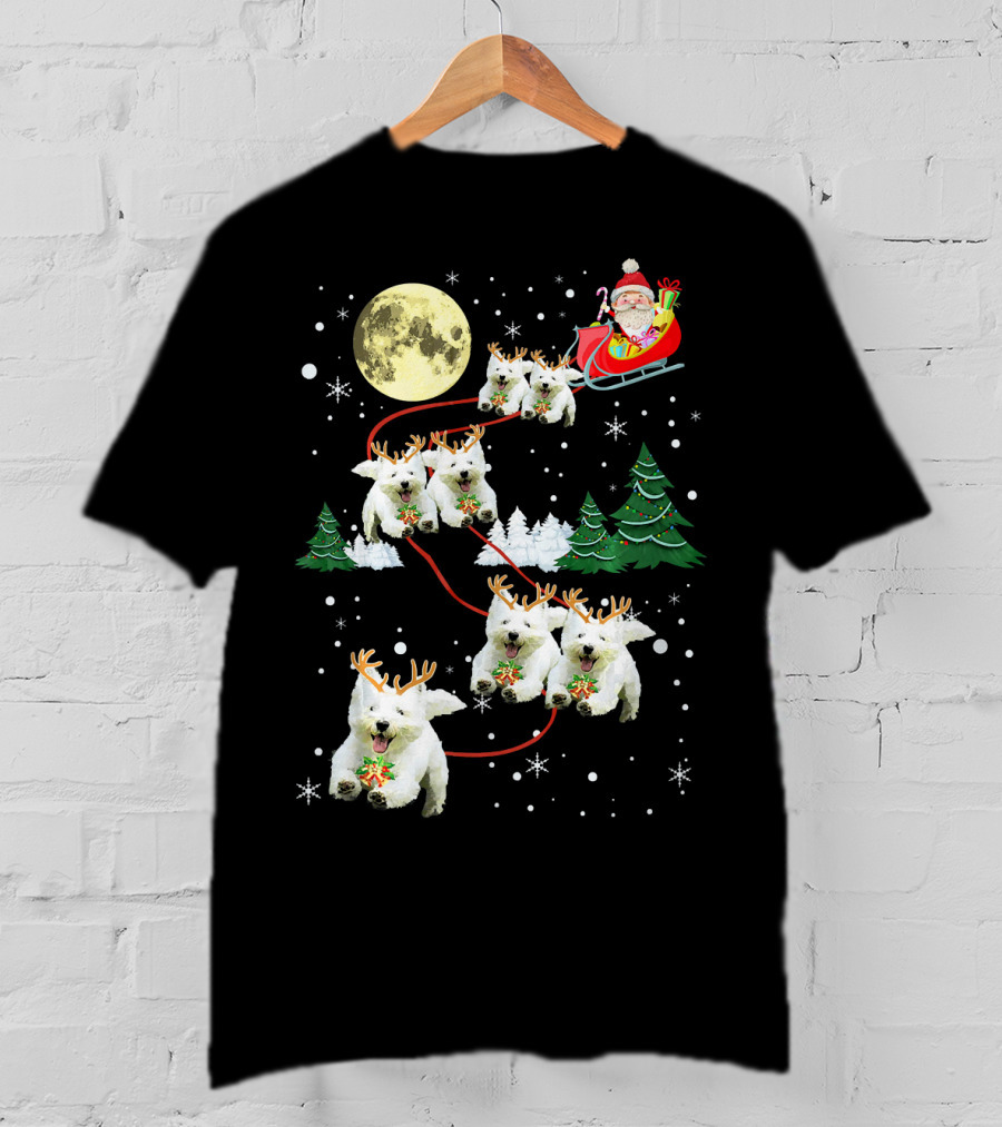 Santa Sleigh With Westie Reindeer Christmas Moon And Trees T-Shirt