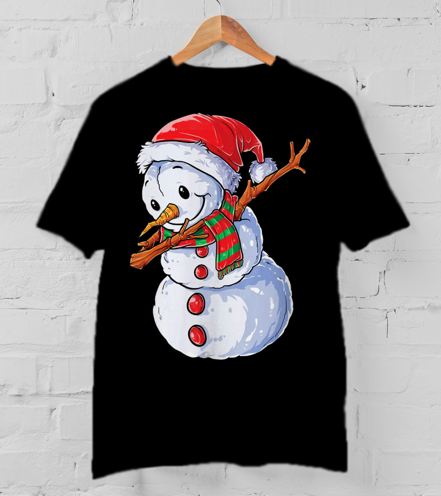 Festive Snowman With Santa Hat And Striped Scarf T-Shirt