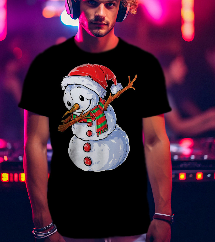 Festive Snowman With Santa Hat And Striped Scarf T-Shirt
