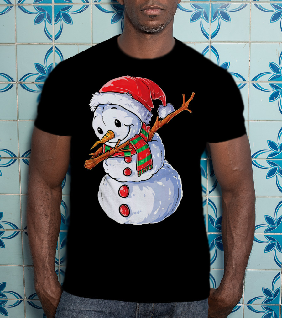 Festive Snowman With Santa Hat And Striped Scarf T-Shirt