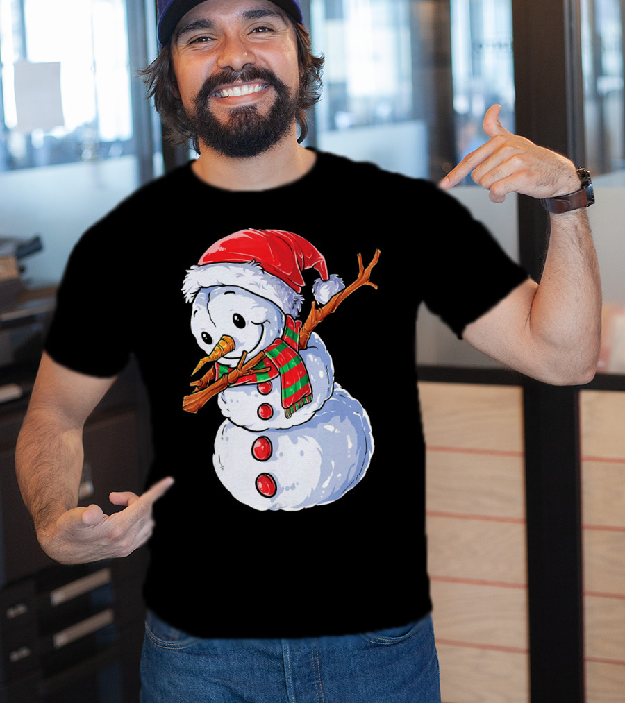 Festive Snowman With Santa Hat And Striped Scarf T-Shirt