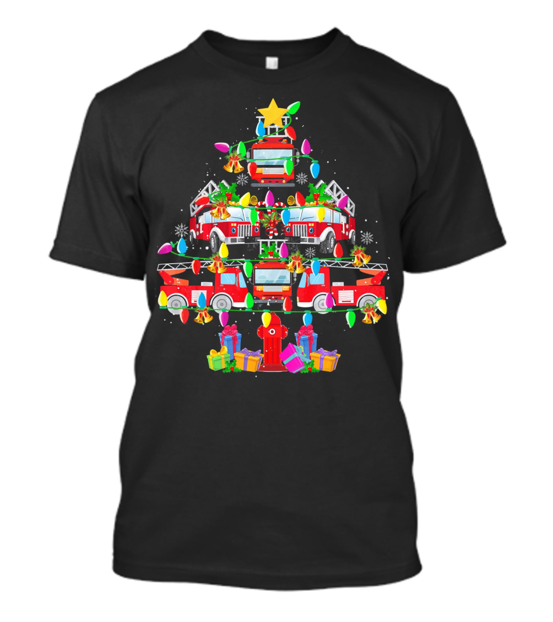 Fire Truck Christmas Tree With Decorations And Gifts T-Shirt
