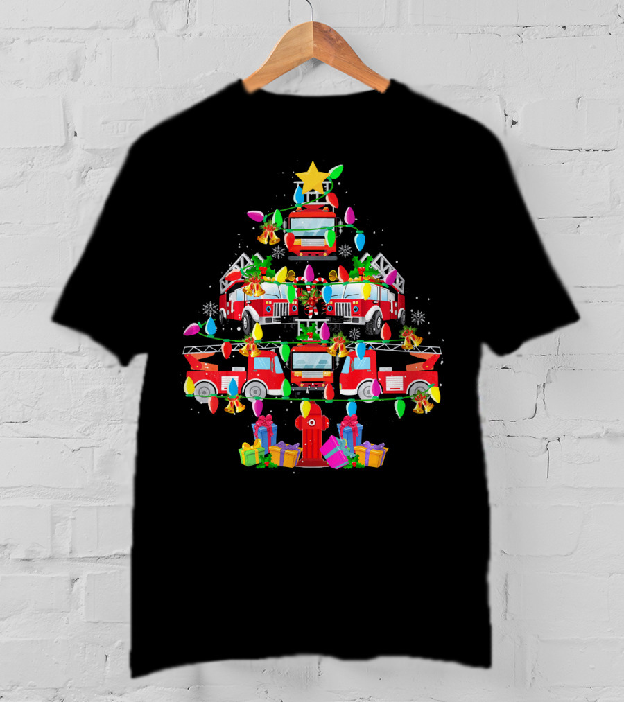 Fire Truck Christmas Tree With Decorations And Gifts T-Shirt